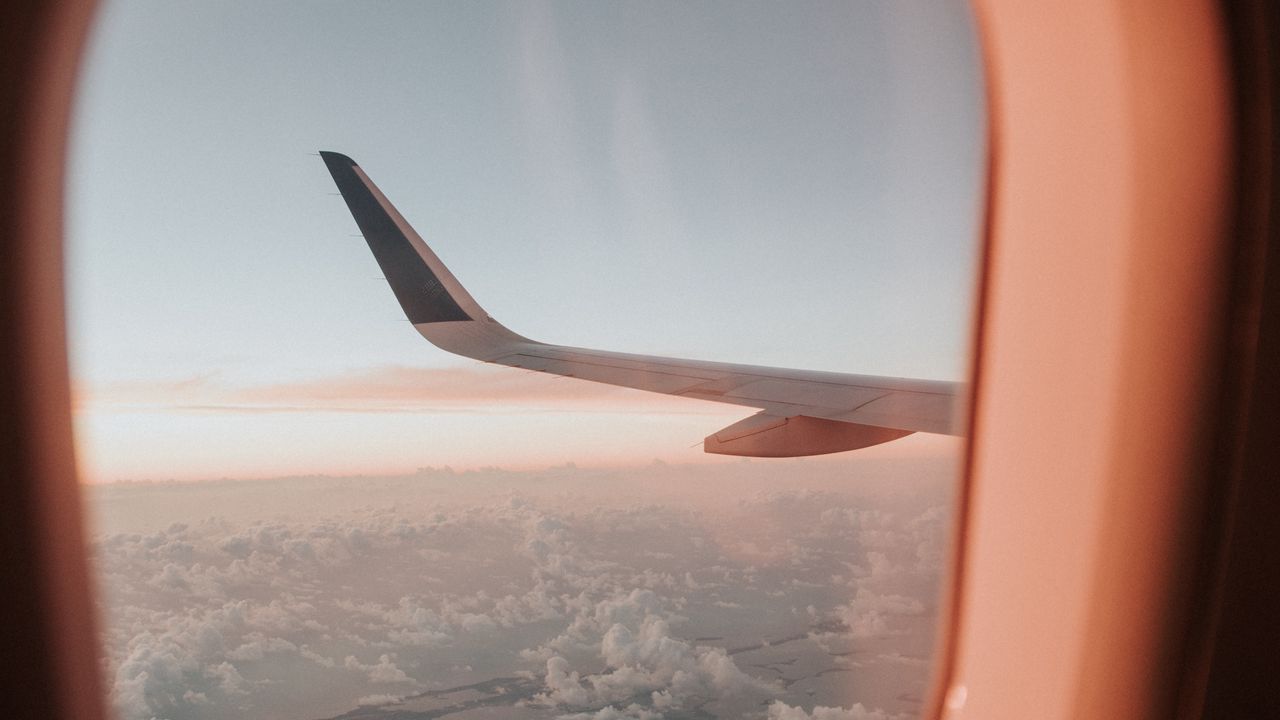 Wallpaper porthole, airplane window, aircraft wing, flight, sky