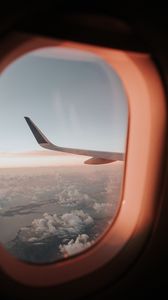 Preview wallpaper porthole, airplane window, aircraft wing, flight, sky