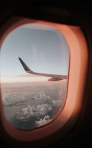 Preview wallpaper porthole, airplane window, aircraft wing, flight, sky