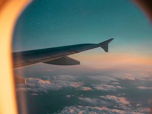 Preview wallpaper porthole, airplane window, airplane wing, airplane, flight, sky