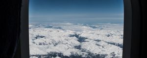Preview wallpaper porthole, airplane window, mountains, aerial view, flight, sky, peaks