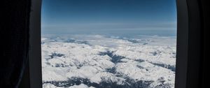 Preview wallpaper porthole, airplane window, mountains, aerial view, flight, sky, peaks