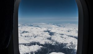 Preview wallpaper porthole, airplane window, mountains, aerial view, flight, sky, peaks