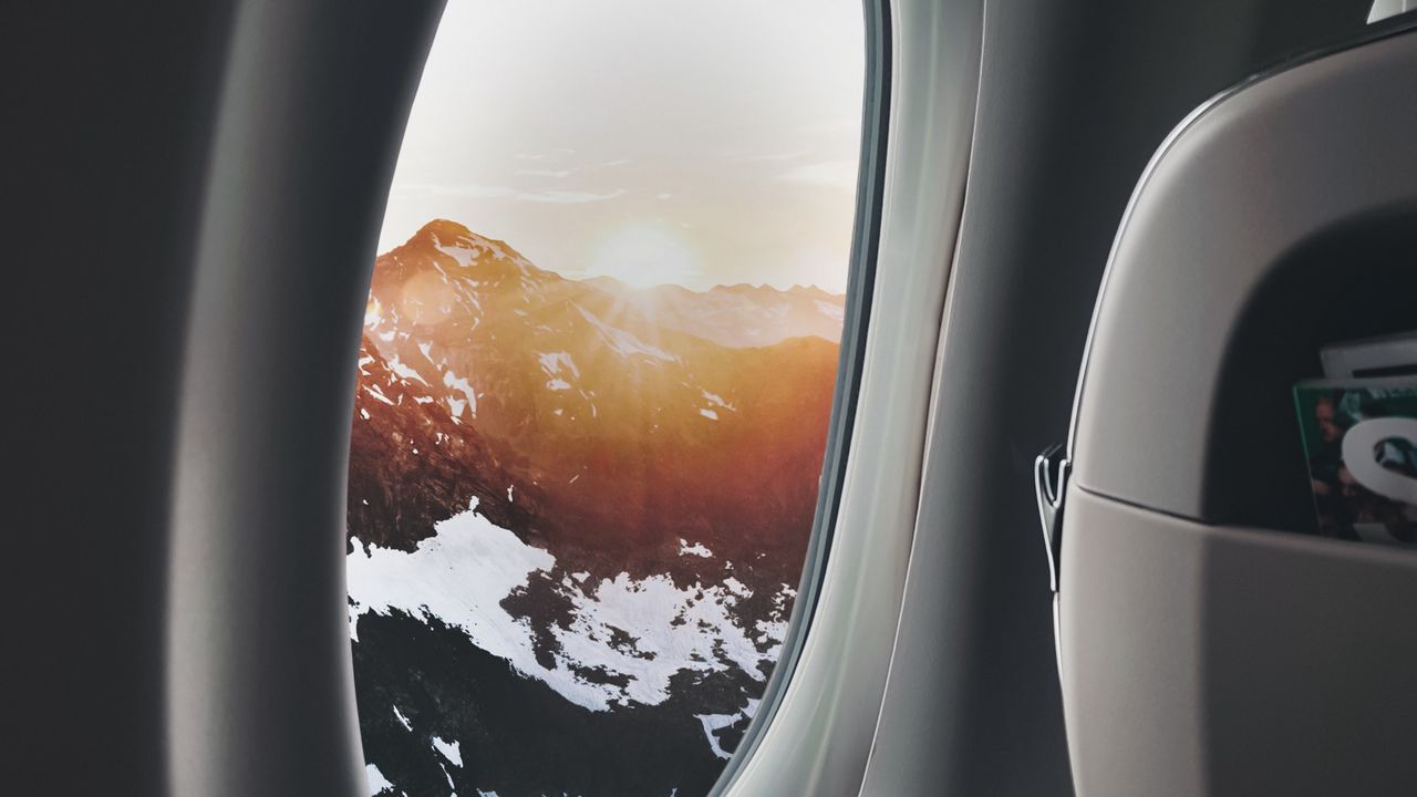 Wallpaper porthole, airplane window, overview, mountains, travel, flight