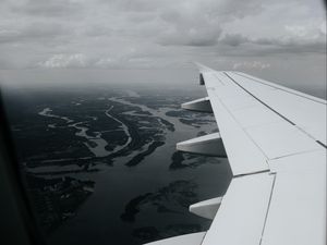 Preview wallpaper porthole, airplane, wing, view, overview