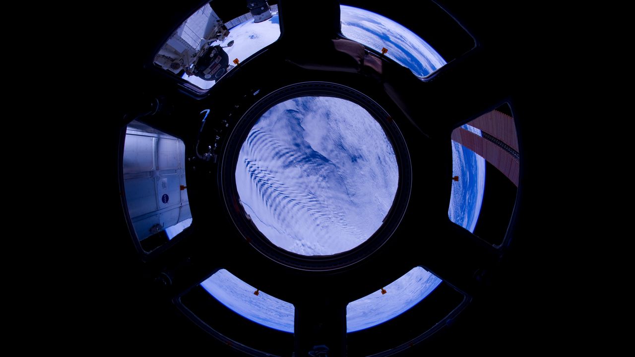 Wallpaper porthole, space, clouds, satellite