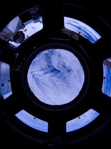 Preview wallpaper porthole, space, clouds, satellite