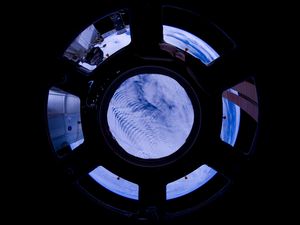 Preview wallpaper porthole, space, clouds, satellite