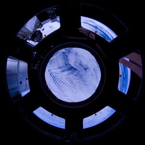 Preview wallpaper porthole, space, clouds, satellite