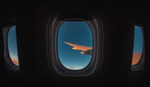 Preview wallpaper porthole, window, plane, wing, sky, flight