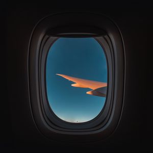 Preview wallpaper porthole, window, plane, wing, sky, flight