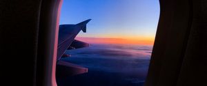 Preview wallpaper porthole, window, plane, flight, airplane wing, sky