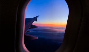 Preview wallpaper porthole, window, plane, flight, airplane wing, sky