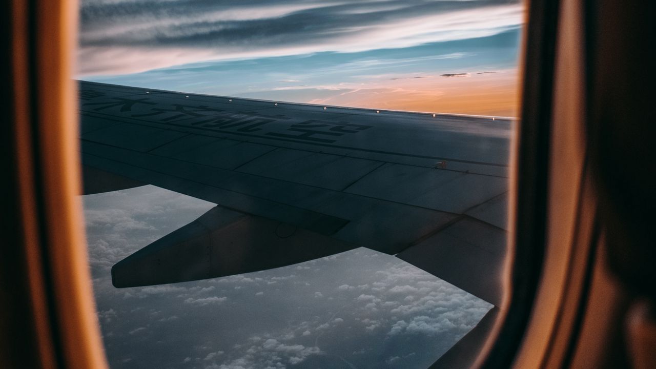 Wallpaper porthole, window, wing, plane, view, height hd, picture, image