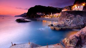 Preview wallpaper portugal, madeira, island, beach, sunset, buildings, mountains