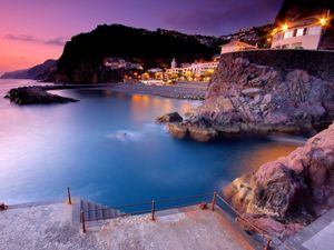 Preview wallpaper portugal, madeira, island, beach, sunset, buildings, mountains