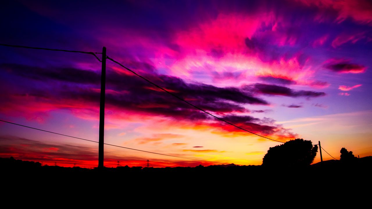 Wallpaper post, wires, sunset, sky, clouds