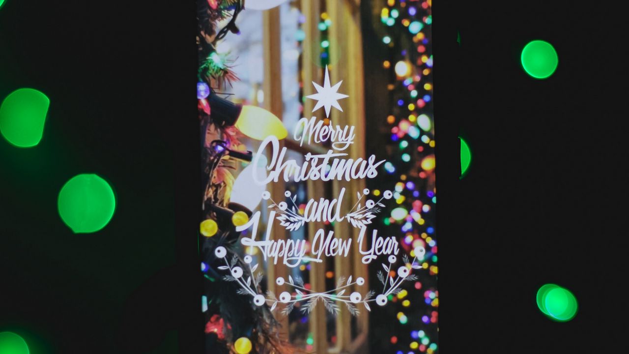 Wallpaper postcard, new year, christmas, lettering, glare, circles