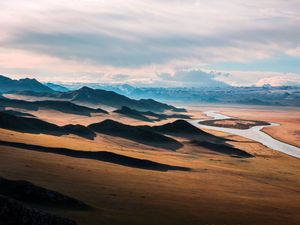 Preview wallpaper prairie, highway, landscape, mountain