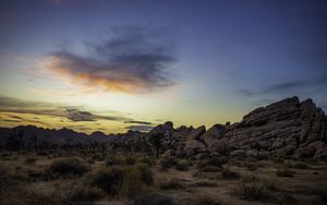 Preview wallpaper prairie, rocks, trees, bushes, sunset