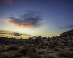 Preview wallpaper prairie, rocks, trees, bushes, sunset