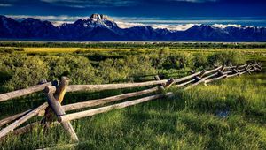 Preview wallpaper protection, fence, mountains, fields, grass, sky, silence, landscape