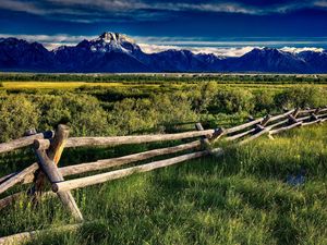 Preview wallpaper protection, fence, mountains, fields, grass, sky, silence, landscape