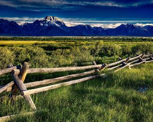 Preview wallpaper protection, fence, mountains, fields, grass, sky, silence, landscape