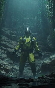 Preview wallpaper protective suit, gas mask, cave, rocks