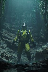 Preview wallpaper protective suit, gas mask, cave, rocks