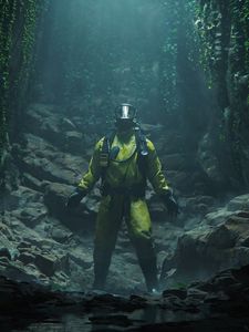 Preview wallpaper protective suit, gas mask, cave, rocks