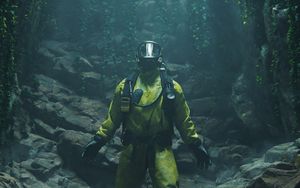 Preview wallpaper protective suit, gas mask, cave, rocks