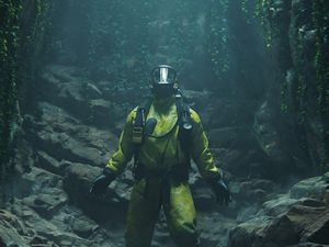 Preview wallpaper protective suit, gas mask, cave, rocks