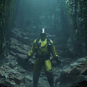 Preview wallpaper protective suit, gas mask, cave, rocks