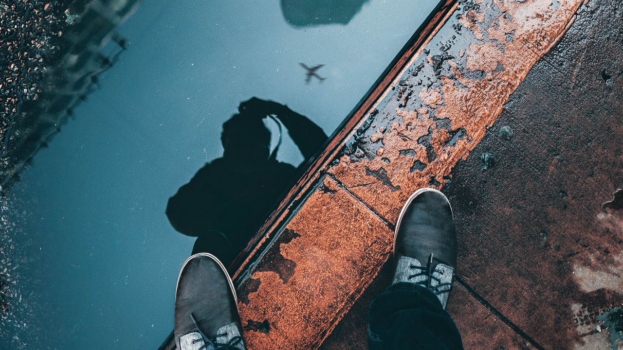 Wallpaper puddle, border, legs, reflection, photographer, sidewalk