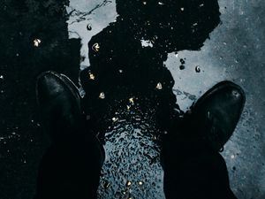 Preview wallpaper puddle, feet, reflection, asphalt, wet