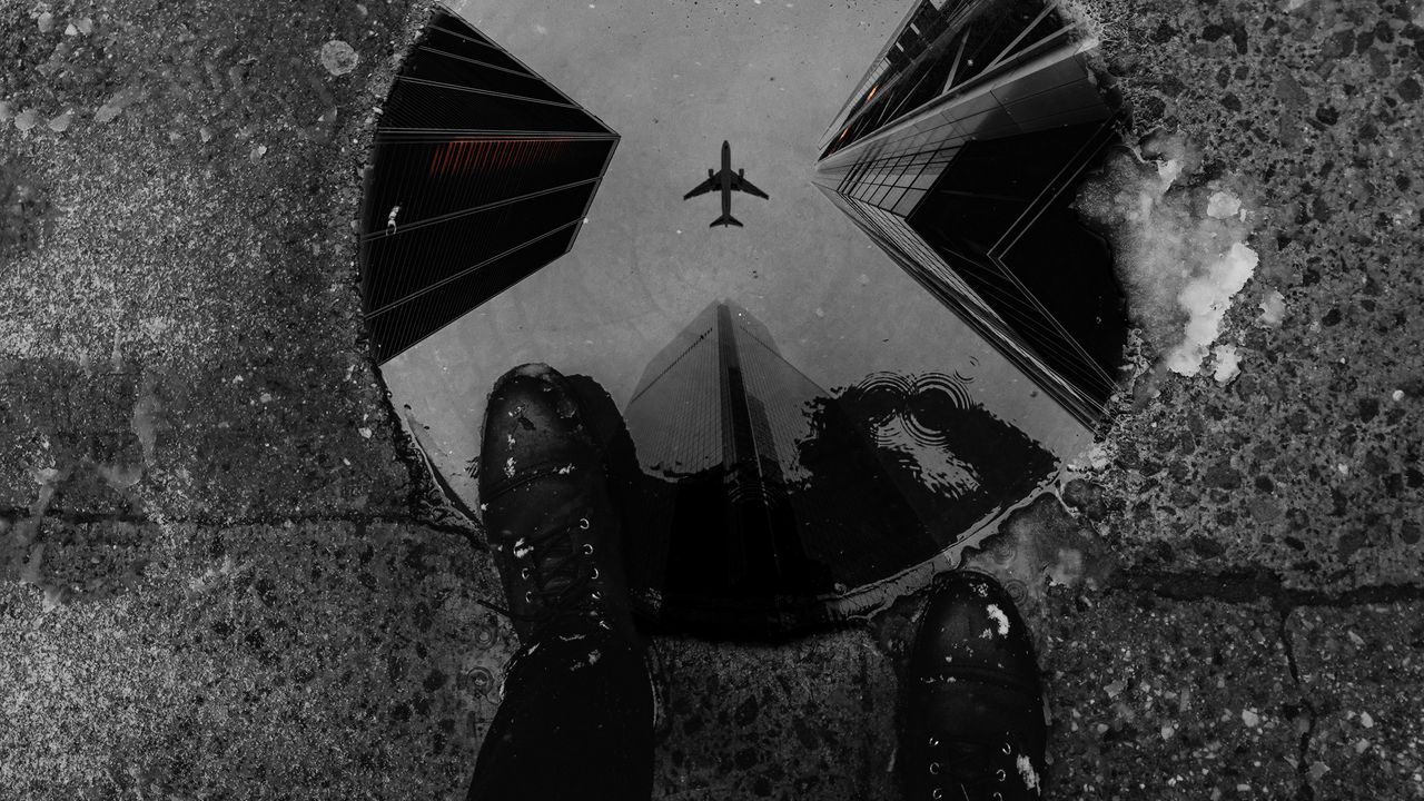 Wallpaper puddle, feet, reflection, plane, buildings