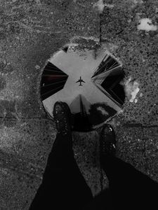 Preview wallpaper puddle, feet, reflection, plane, buildings