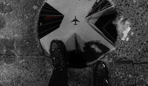 Preview wallpaper puddle, feet, reflection, plane, buildings