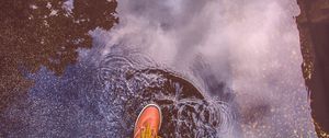 Preview wallpaper puddle, foot, boot, reflection, water