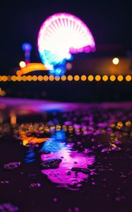 Preview wallpaper puddle, neon, reflection, ferris wheel, lights, blur