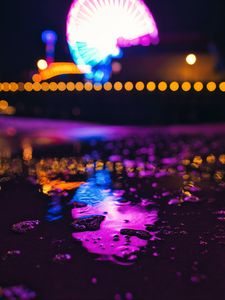 Preview wallpaper puddle, neon, reflection, ferris wheel, lights, blur