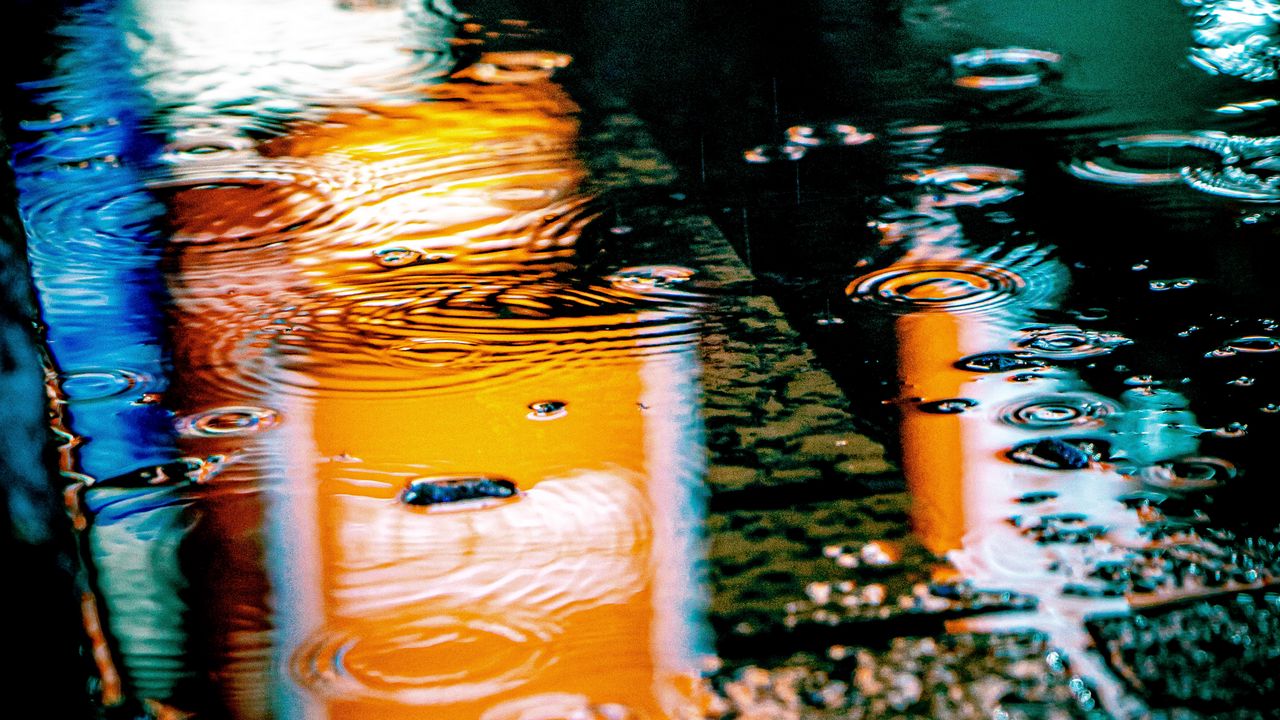 Wallpaper puddle, rain, drops, neon, reflection, lights