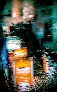 Preview wallpaper puddle, rain, drops, neon, reflection, lights