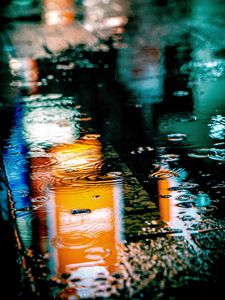 Preview wallpaper puddle, rain, drops, neon, reflection, lights