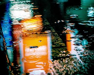 Preview wallpaper puddle, rain, drops, neon, reflection, lights