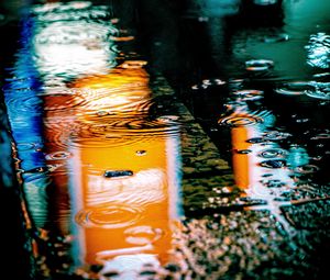Preview wallpaper puddle, rain, drops, neon, reflection, lights