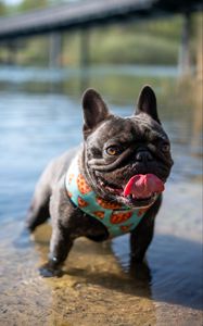 Preview wallpaper pug, dog, protruding tongue, funny, water