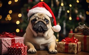 Preview wallpaper pug, santa claus, gifts, funny, cute, new year, christmas