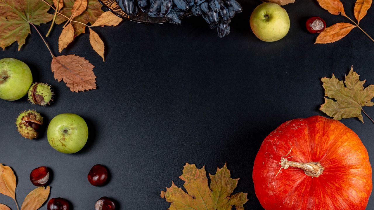 Wallpaper pumpkin, apple, autumn, leaves